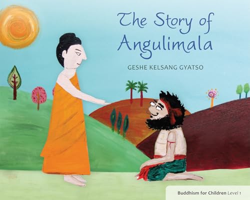 Book cover depicting Buddha and Angulimala in a colorful, illustrated landscape.