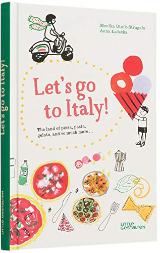 Book cover with colorful illustrations of Italian food and a scooter.