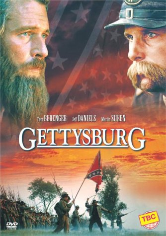Gettysburg" DVD cover featuring actors and Civil War battle scene.
