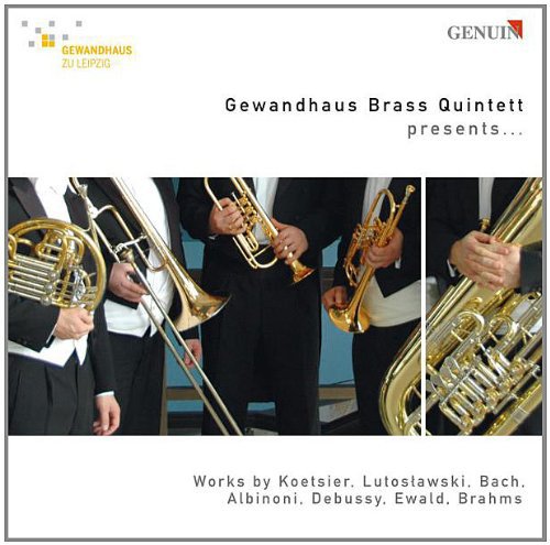 "CD cover with four men holding brass instruments, formal attire, white background."