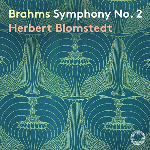 CD cover for Brahms' Symphony No. 2, teal and gold floral pattern.