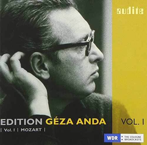 Black and white profile portrait of pianist Géza Anda on a yellow and black background.