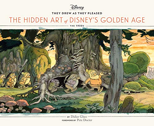 Book cover featuring concept art of seven dwarfs in a wooded forest landscape.