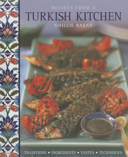 Cookbook cover featuring grilled fish with tomatoes and traditional Turkish patterns.