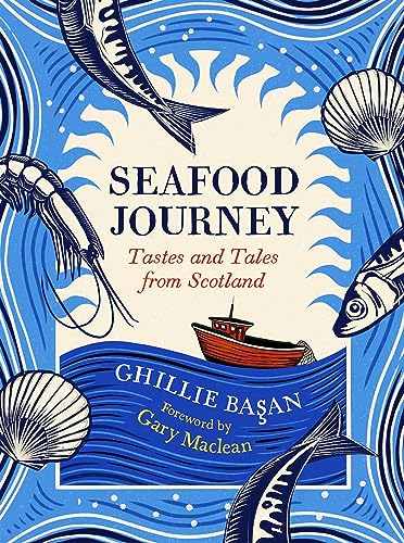 Book cover with seafood illustrations, a boat, and text: "Seafood Journey".