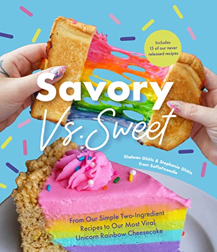 Cookbook cover featuring rainbow cheesecake slice and savory hand pie.
