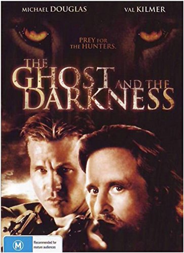 DVD cover for "The Ghost and the Darkness" featuring two men and lions’ eyes.