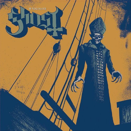 Ghost album cover: skeletal figure in papal attire on a ship.