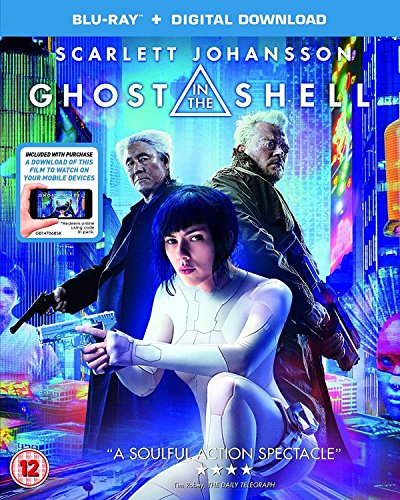 "Blu-ray case with a futuristic scene featuring Scarlett Johansson in a white jumpsuit."