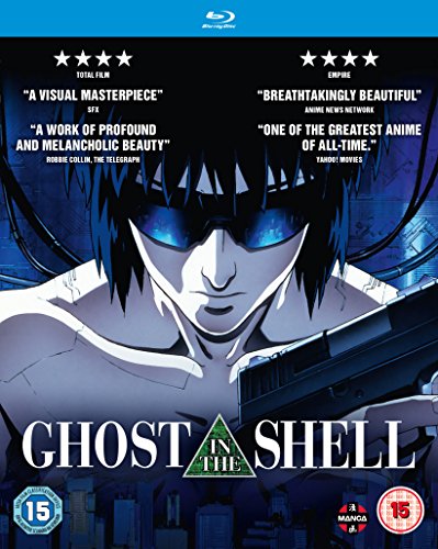 Blu-ray cover art featuring Major Motoko Kusanagi with a gun and critical review quotes.