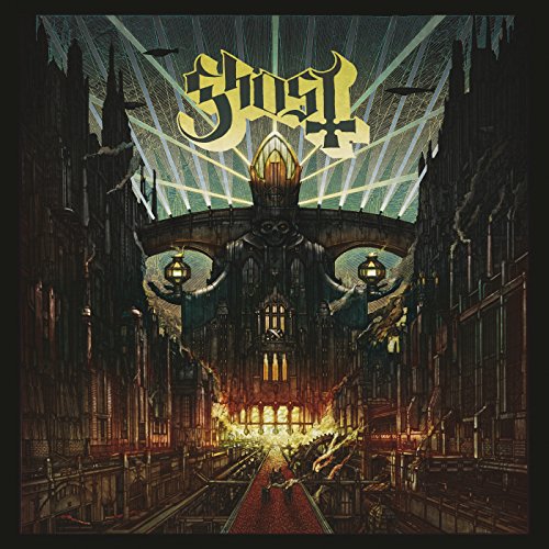 Ghost’s “Meliora” CD cover: ornate castle with a papal figure.