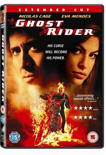 DVD case for "Ghost Rider" with Nicolas Cage and Eva Mendes on the cover.