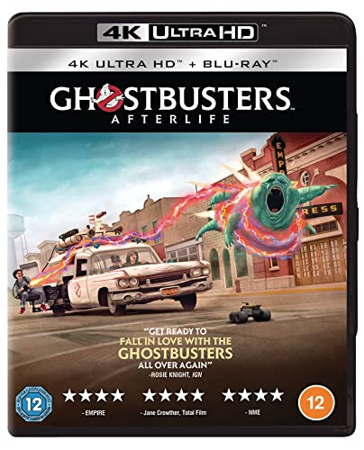 Ghostbusters: Afterlife" 4K Blu-ray case featuring the Ecto-1 and a ghost.