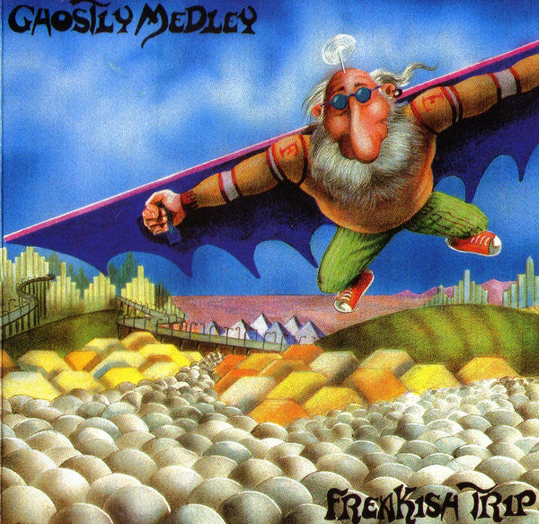 Cartoon of a red-nosed, winged man flying over a textured landscape.