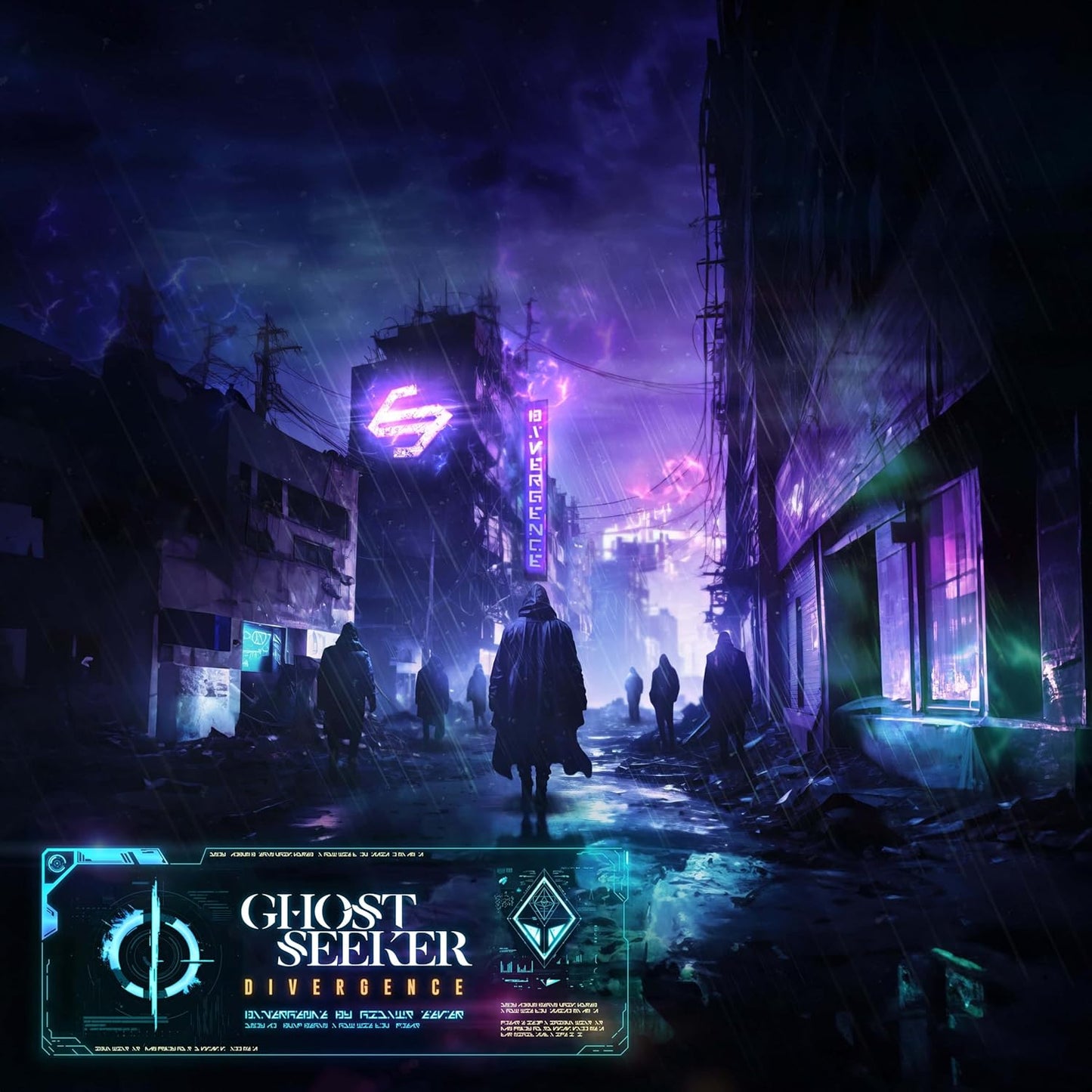 CD cover: futuristic cityscape with a lone figure walking in rain.