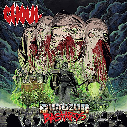 Ghoul album cover: grotesque figures, a dark house, and fiery green landscape.