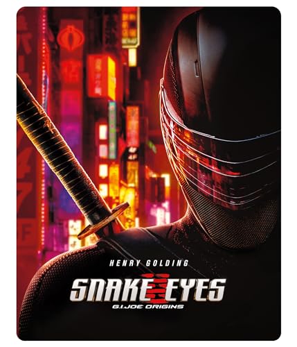 Snake Eyes in mask holding sword, city lights blurred background.