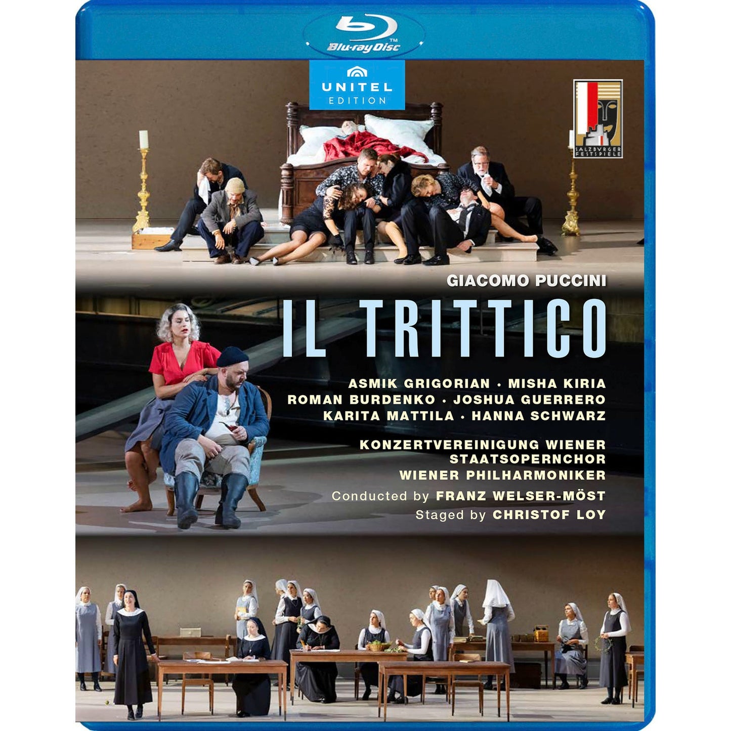Blu-ray cover for Giacomo Puccini's Il Trittico featuring three opera performance scenes.