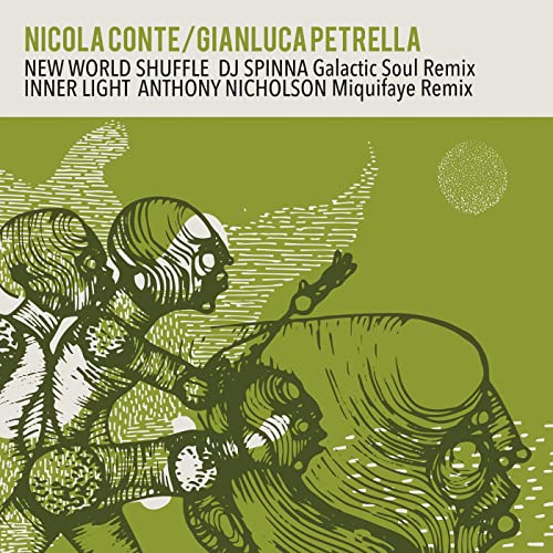 Green album cover with sketched figures and text listing remix artists.