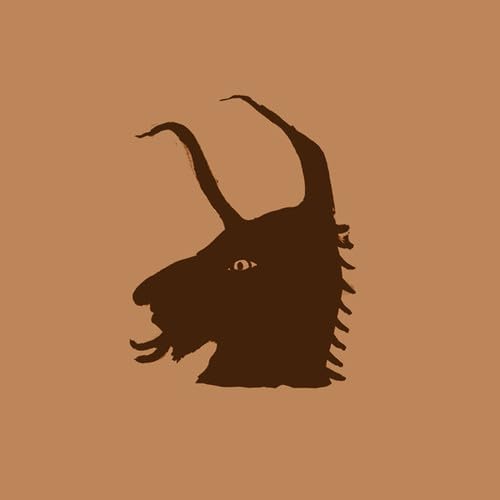 Dark brown silhouette of a goat's head against a tan background.