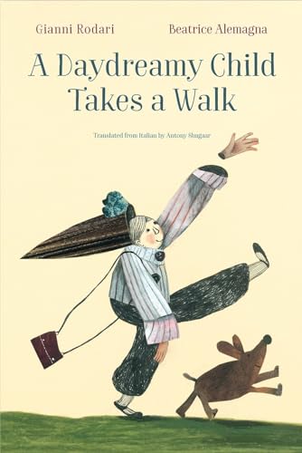 A whimsical illustration of a child with a detached hand walking with a dog.