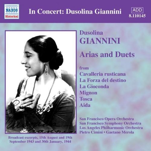 "CD cover with black-and-white portrait of Dusolina Giannini and opera performance details."
