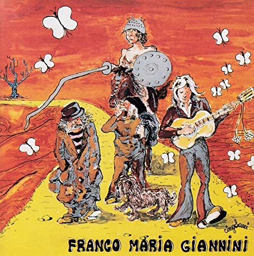 Cartoon album cover with figures, a horse, and butterflies in a landscape.