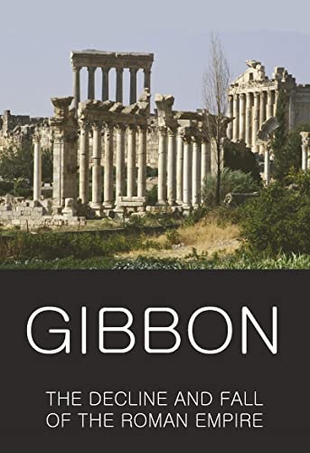 Book cover showing ancient Roman ruins with text reading GIBBON THE DECLINE AND FALL.