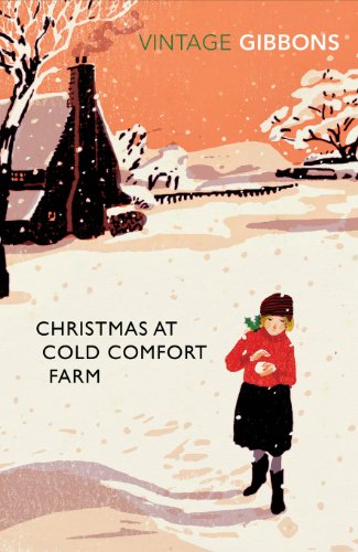 Book cover: snowy farm scene with a girl in red, titled “Christmas at Cold Comfort Farm.”