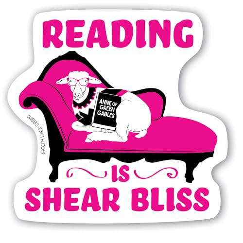 Pink sticker of a sheep reading “Anne of Green Gables” on a couch.