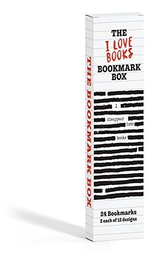 Tall white bookmark box with black stripes and red text.
