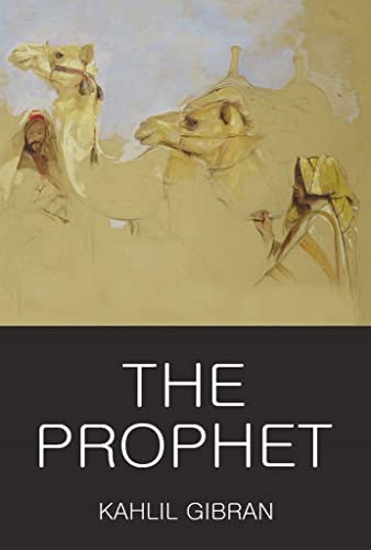 Book cover: “The Prophet” by Kahlil Gibran with desert scene.