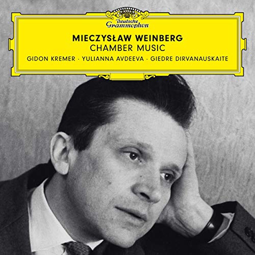Black and white portrait of Mieczysław Weinberg with yellow Deutsche Grammophon logo and text.