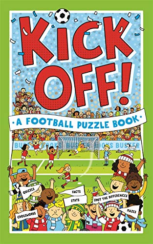 Colorful cartoon cover of a football puzzle book with players and fans.