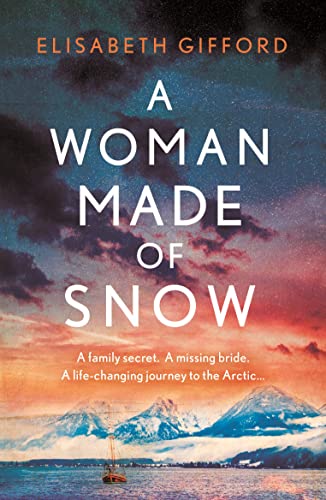 Book cover with snowy mountains, stormy sky, and a small boat.