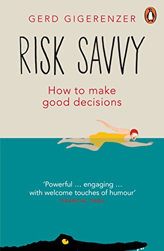 Book cover: "Risk Savvy" with swimmer illustration and crocodile below.