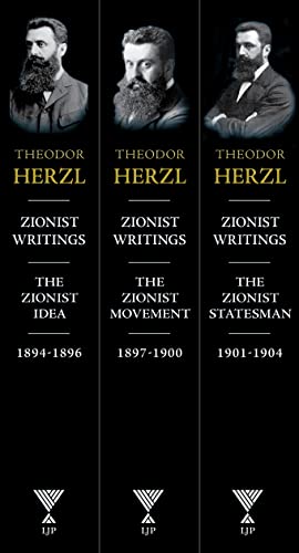 Three book covers featuring portraits of Theodor Herzl, a bearded man.