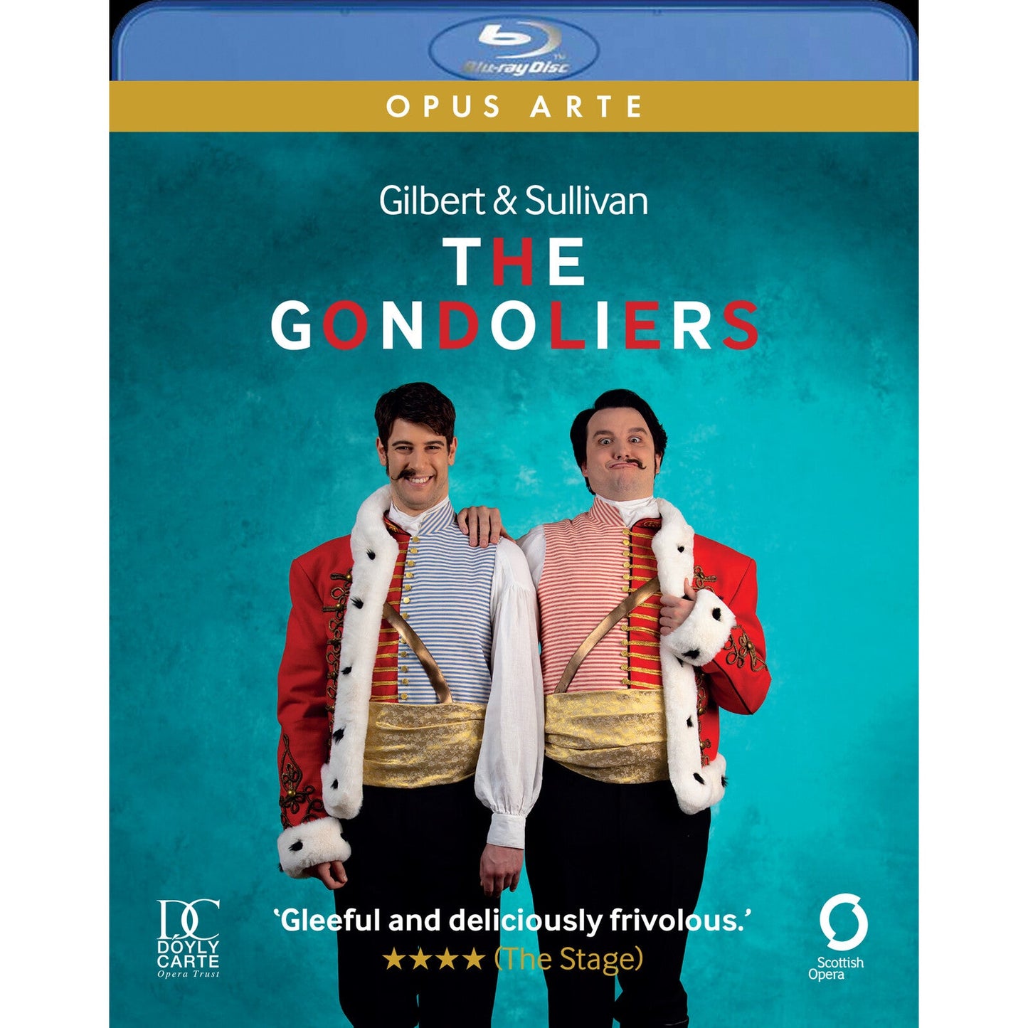 Blu-ray cover for "The Gondoliers" opera, featuring two men in costume.