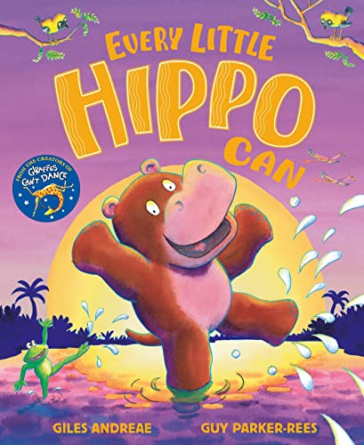Book cover: a pink hippo splashes playfully against a sunset backdrop.