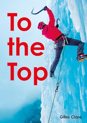 Ice climber in red gear ascends a frozen blue waterfall.
