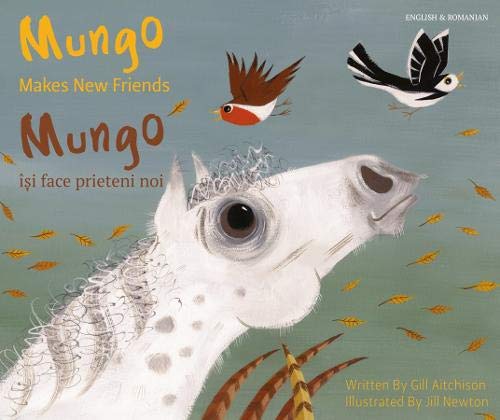 Giraffe with birds and falling leaves, bilingual Romanian/English book cover.