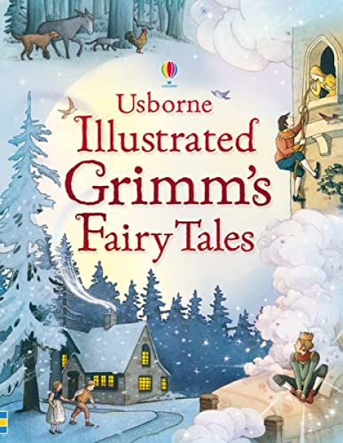Cover of “Illustrated Grimm’s Fairy Tales” with snowy forest scene.