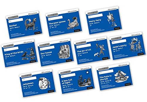 Ten blue and white children’s storybooks with animal illustrations.