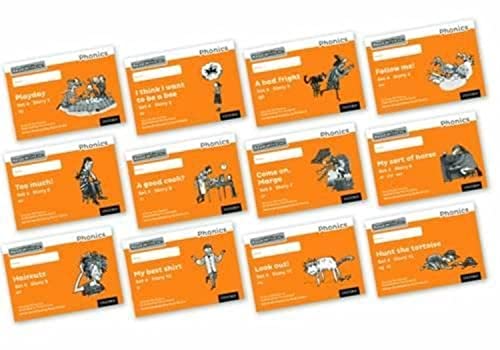 Twelve orange Read Write Inc. Phonics storybooks arranged in a grid.