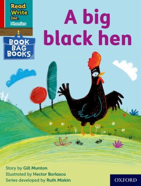 Children’s book cover depicting a black hen in a green field.