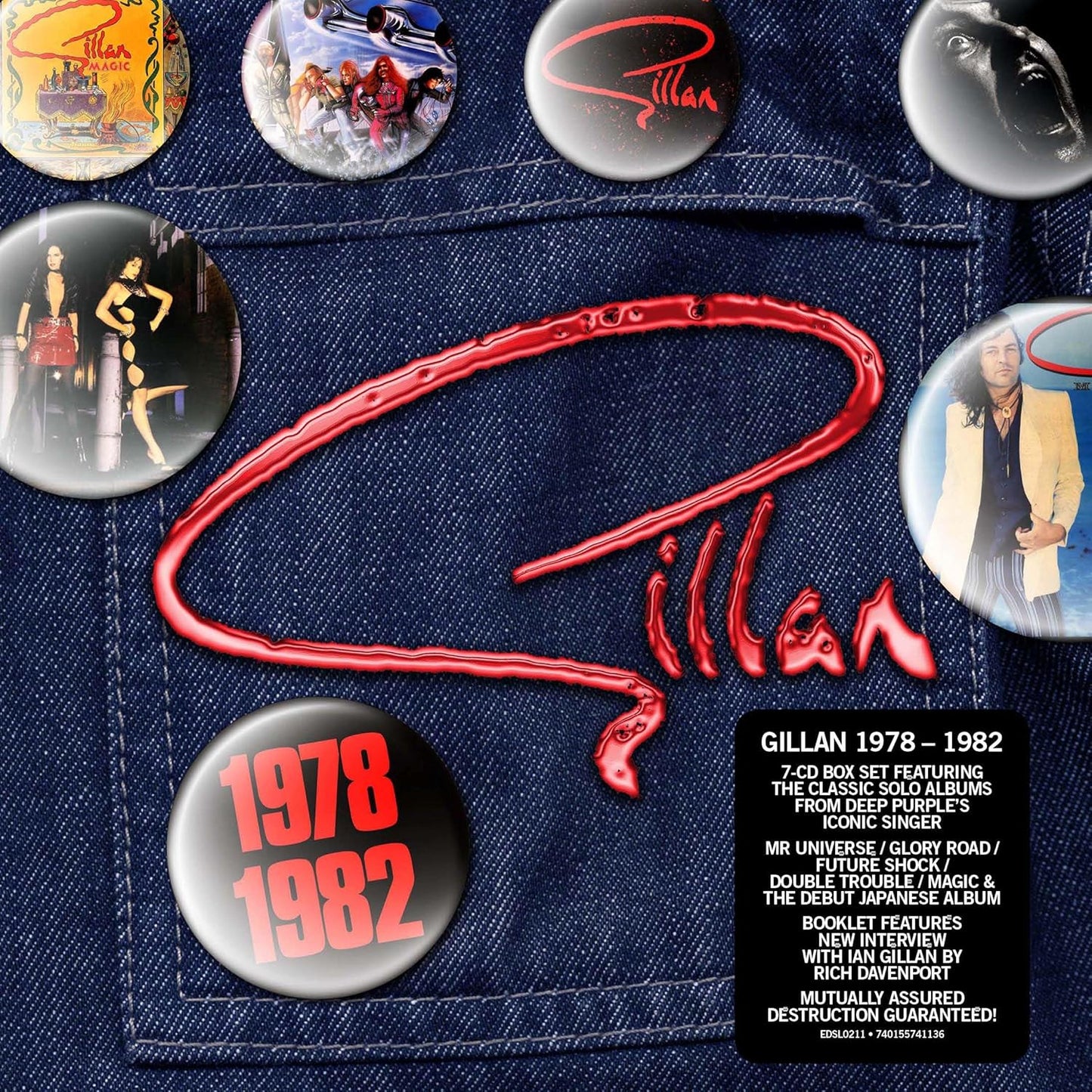 Denim jacket background featuring the Gillan logo and several band-themed circular pin badges.