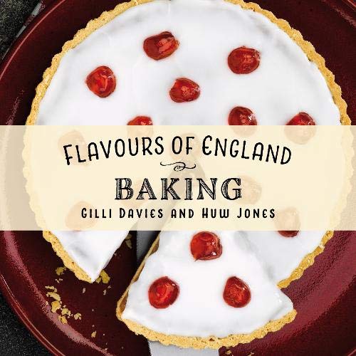 Book cover: "Flavours of England: Baking" with cherry-topped tart slice.