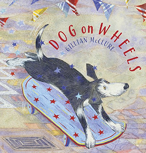 Black and white dog skateboarding on a blue board with stars.