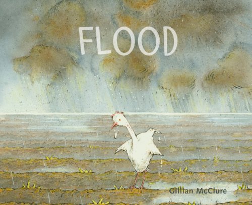 Watercolor illustration of a white goose standing in a flooded field.