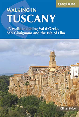 Book cover: “Walking in Tuscany” with a Tuscan hilltop town image.